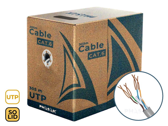 Phasak Bobine Câble Réseau U/UTP Cat.6 CCA Solide LSZH Gris 305m