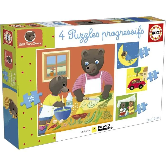 Educa - Puzzle Petit Ours Brun - 4 Puzzles Progressifs de 12, 16, 20, 25 Pièces en Carton Recyclé - Pour Enfants dès 3 Ans