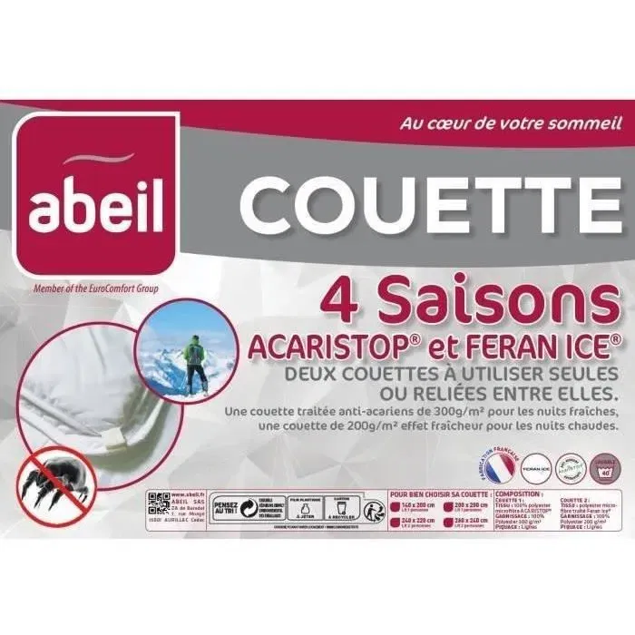 Abeil Couette 4 Saisons ANTI-ACARIENS Acaristop + Feran Ice 140x200 cm - Couette légère d'été et chaude d'hiver jusqu'à 500g/m² Abeil Couette 4 Saisons ANTI-ACARIENS Acaristop + Feran Ice 140x200 cm - Couette légère d'été et chaude d'hiver jusqu'à 500g/m²