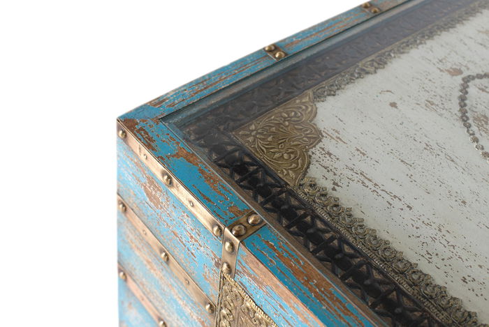 GINER Y COLOMER Table basse en bois de manguier finition vieilli bleu et blanc, style rustique artisanal avec plateau en verre, 120 x 70 x 46 cm GINER Y COLOMER Table basse en bois de manguier finition vieilli bleu et blanc, style rustique artisanal avec plateau en verre, 120 x 70 x 46 cm