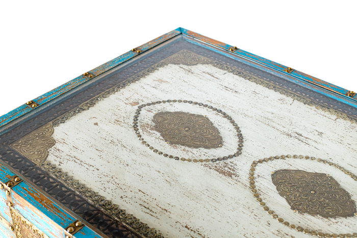 GINER Y COLOMER Table basse en bois de manguier finition vieilli bleu et blanc, style rustique artisanal avec plateau en verre, 120 x 70 x 46 cm GINER Y COLOMER Table basse en bois de manguier finition vieilli bleu et blanc, style rustique artisanal avec plateau en verre, 120 x 70 x 46 cm