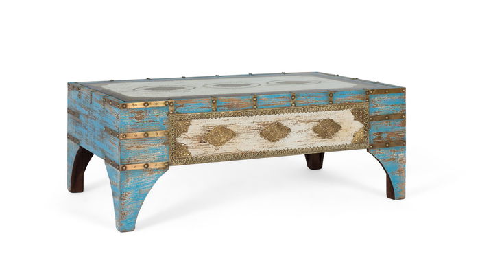 GINER Y COLOMER Table basse en bois de manguier finition vieilli bleu et blanc, style rustique artisanal avec plateau en verre, 120 x 70 x 46 cm GINER Y COLOMER Table basse en bois de manguier finition vieilli bleu et blanc, style rustique artisanal avec plateau en verre, 120 x 70 x 46 cm