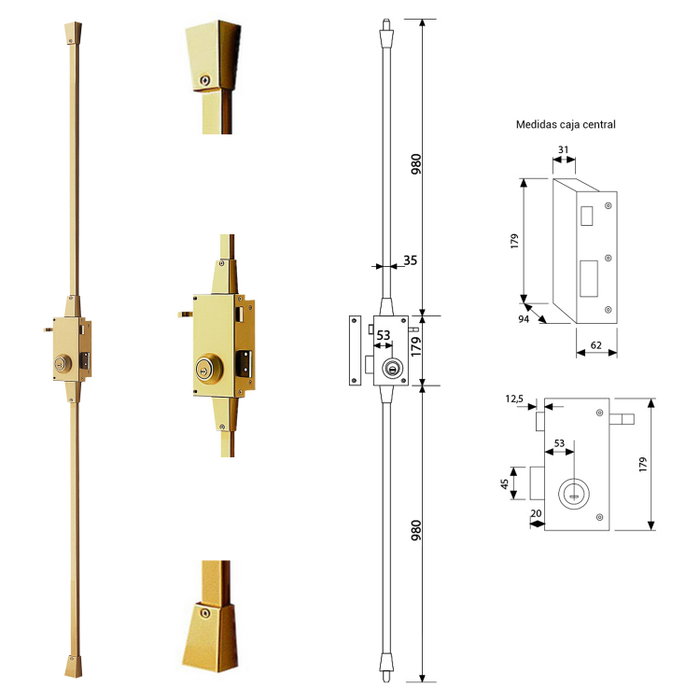 TESA Serrure de surmounting multipoint TS30T6IAE Dorée Gauche