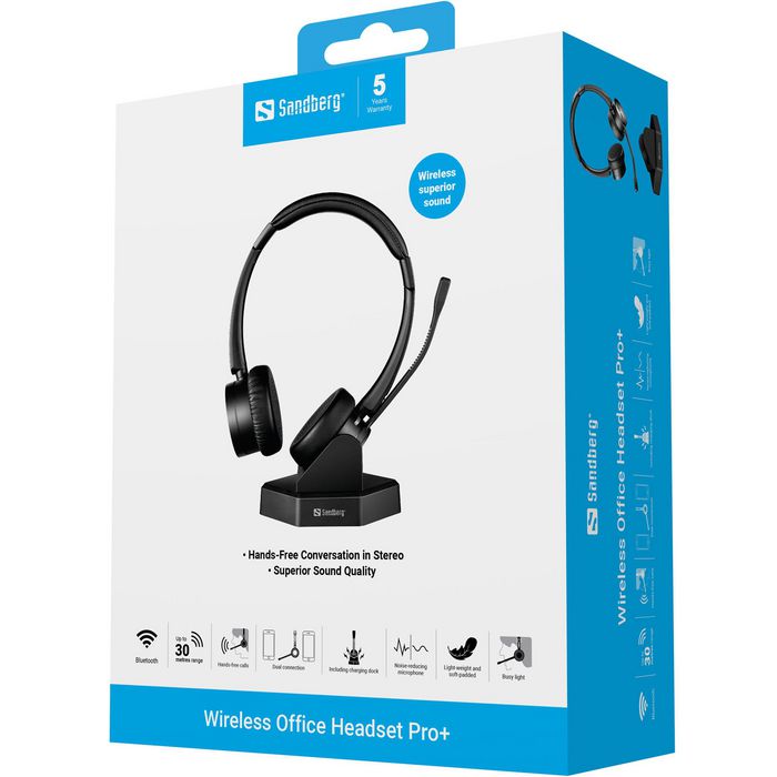 Sandberg Casque sans fil pour bureau Pro+ - Casque Bluetooth stéréo avec double connexion, microphone rotatable et lumière d'occupation, pour PC et mobile