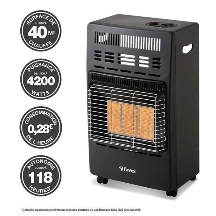 Favex Chauffage d'appoint infrarouge à gaz butane KERN avec allumage piézo, 3 puissances (1.5-4.2 kW), chauffe jusqu'à 40 m², sécurité incluse
