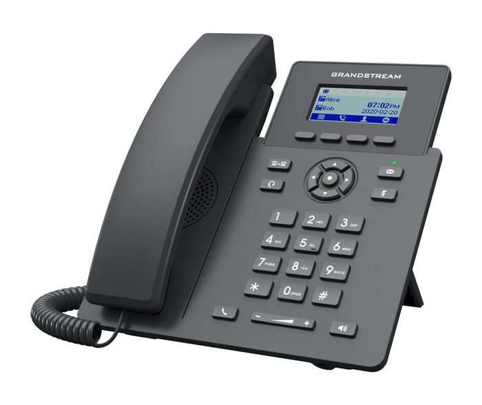 Grandstream GRP2601P Téléphone IP 2 lignes avec PoE intégré, écran LCD 2.21", 10/100 Ethernet, RJ-9, conférence audio 5 voies, dimensions 208 x 180 x 63.4mm