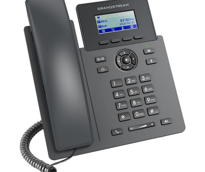 Grandstream GRP2601P Téléphone IP 2 lignes avec PoE intégré, écran LCD 2.21", 10/100 Ethernet, RJ-9, conférence audio 5 voies, dimensions 208 x 180 x 63.4mm
