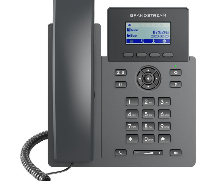 Grandstream GRP2601P Téléphone IP 2 lignes avec PoE intégré, écran LCD 2.21", 10/100 Ethernet, RJ-9, conférence audio 5 voies, dimensions 208 x 180 x 63.4mm
