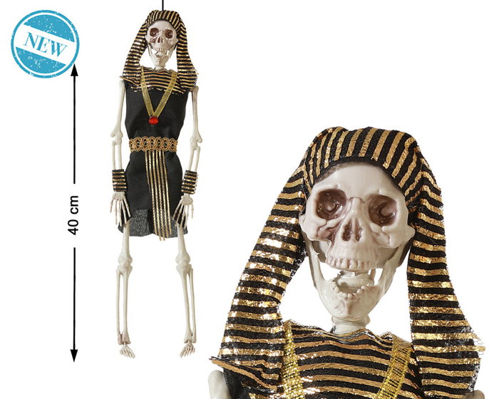 Figurine Squelette Pharaon 40 cm avec Robe Noire et Détails Dorés pour Décoration Fête Thématique Égypte ou Halloween Figurine Squelette Pharaon 40 cm avec Robe Noire et Détails Dorés pour Décoration Fête Thématique Égypte ou Halloween