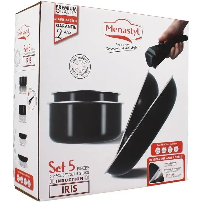 Menastyl Batterie de Cuisine Induction 5 Pièces Réf. 6020437 - Casseroles et Poêles Aluminium Antidérapant Noir - Compatible Tous Feux - Poignée Amovible