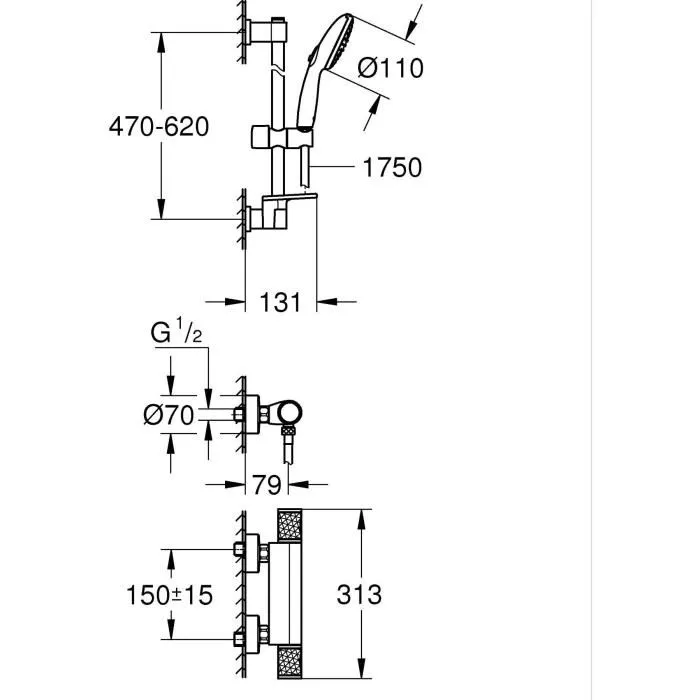 GROHE 34791001 - Ensemble de douche avec mitigeur thermostatique TurboStat, pommeau Vitalio Start 110 à 3 jets, barre de 60 cm, flexible et tablette - Chromé - Économie d'eau