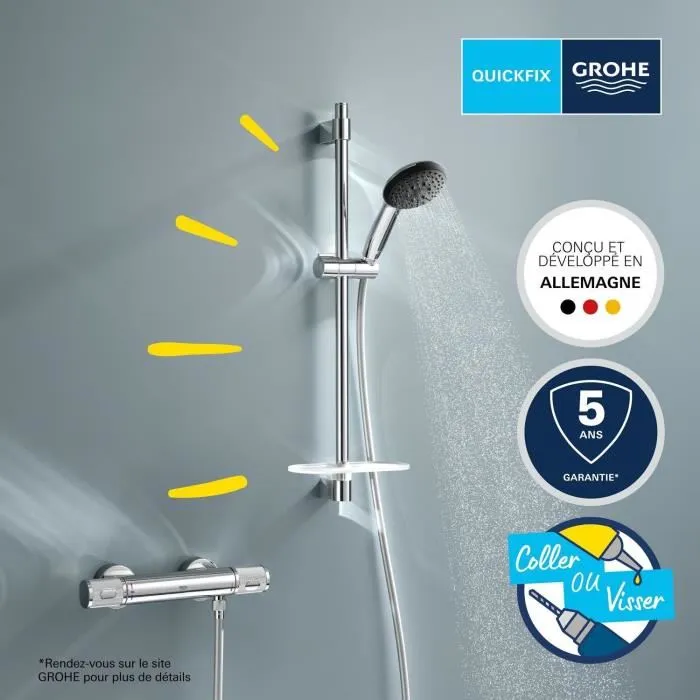 GROHE 34791001 - Ensemble de douche avec mitigeur thermostatique TurboStat, pommeau Vitalio Start 110 à 3 jets, barre de 60 cm, flexible et tablette - Chromé - Économie d'eau