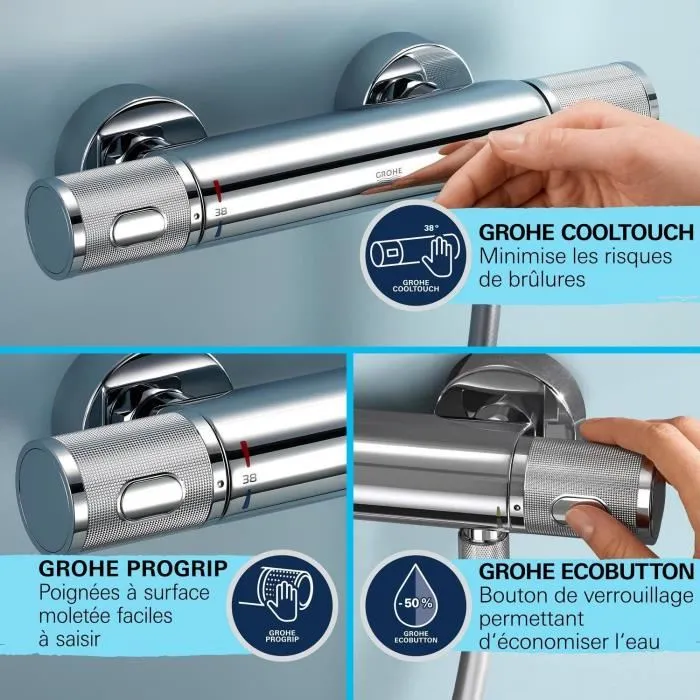 GROHE 34791001 - Ensemble de douche avec mitigeur thermostatique TurboStat, pommeau Vitalio Start 110 à 3 jets, barre de 60 cm, flexible et tablette - Chromé - Économie d'eau