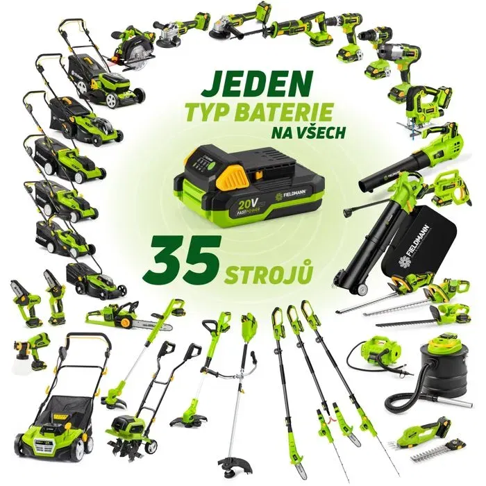 Fieldmann Tondeuse à gazon sans fil 20V - Coupe 33 cm - Hauteur de coupe réglable jusqu'à 65 mm - Pour petits jardins (Batterie et chargeur non inclus)