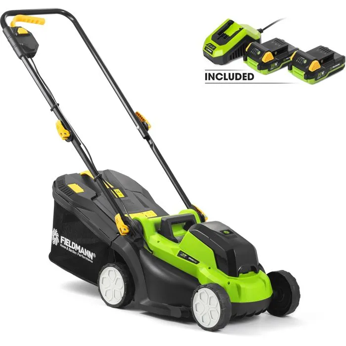 Fieldmann Tondeuse à gazon sans fil 20V - Coupe 33 cm - Hauteur de coupe réglable jusqu'à 65 mm - Pour petits jardins (Batterie et chargeur non inclus)