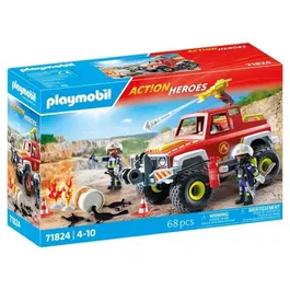 Playmobil 71824 Véhicule de pompiers avec bidon d'essence enflammé - Set Les pompiers Action Heroes - 68 pièces - À partir de 4 ans