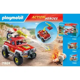 Playmobil 71824 Véhicule de pompiers avec bidon d'essence enflammé - Set Les pompiers Action Heroes - 68 pièces - À partir de 4 ans