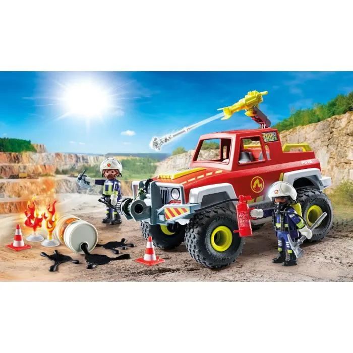 Playmobil 71824 Véhicule de pompiers avec bidon d'essence enflammé - Set Les pompiers Action Heroes - 68 pièces - À partir de 4 ans