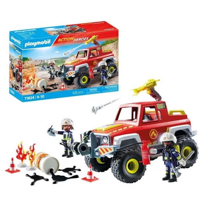 Playmobil 71824 Véhicule de pompiers avec bidon d'essence enflammé - Set Les pompiers Action Heroes - 68 pièces - À partir de 4 ans