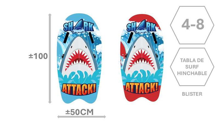 Poessa - Planche de surf gonflable avec poignées, motif requin, 100 cm - Planche de plage pour enfants, à partir de 3 ans