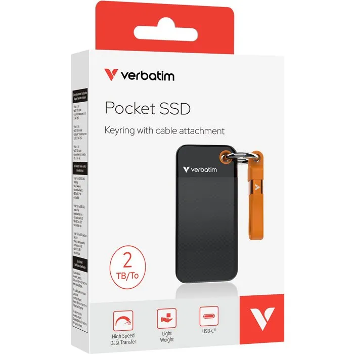 Verbatim Pocket SSD Externe 2 To, Noir/Orange, Disque Dur SSD Portable Haute Performance avec Connecteur USB-C