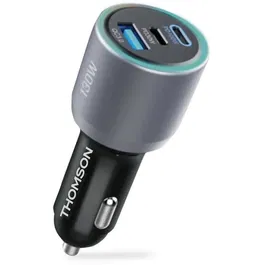 Thomson Chargeur Voiture 130W avec Technologie GaN - 2 Ports USB-C PD (100W, 30W) + 1 Port USB-A QC 3.0 - 12/24V - LED Bleu