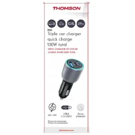 Thomson Chargeur Voiture 130W avec Technologie GaN - 2 Ports USB-C PD (100W, 30W) + 1 Port USB-A QC 3.0 - 12/24V - LED Bleu