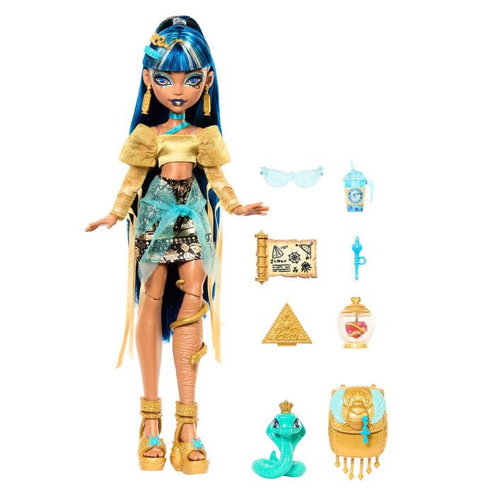 Monster High Poupée Cléo de Nile avec Cobra et Accessoires - Tenue Noire et Or Articulée HXH74