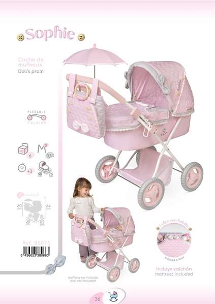 Sophie Poussette pliante pour poupée avec parasol et sac - 38x65x60 cm - dès 3 ans Sophie Poussette pliante pour poupée avec parasol et sac - 38x65x60 cm - dès 3 ans