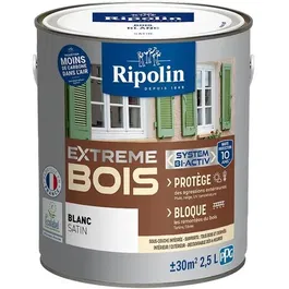 Ripolin Protection Extrême Bois Blanc Satin 2.5 L - Peinture 3 actions pour bois, effet perlant, barrière intempéries, finition parfaite, rendement 30 m² par litre