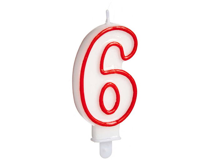 Arte Regal Bougie Anniversaire Numéro 6 Blanche Bord Rouge 4 x 8 x 1 cm (Set de 72)
