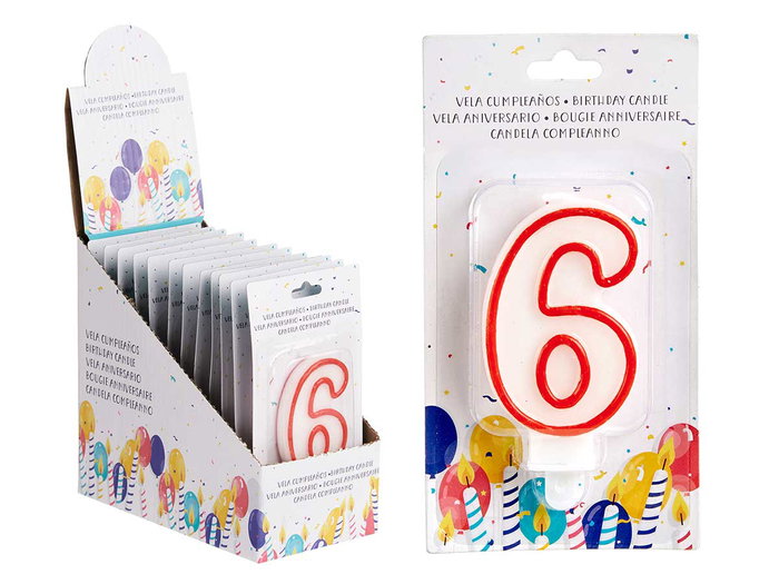 Arte Regal Bougie Anniversaire Numéro 6 Blanche Bord Rouge 4 x 8 x 1 cm (Set de 72)