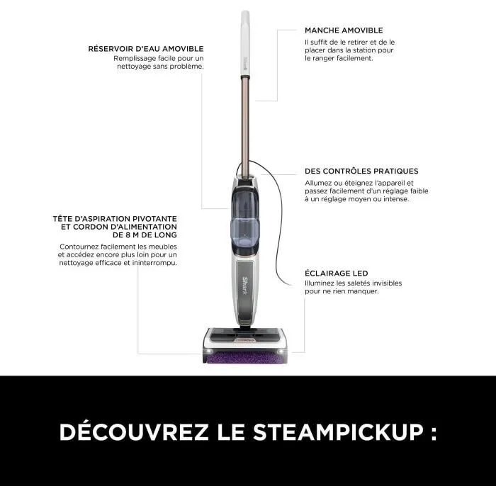 Shark SteamPickUp SD200EU - Balai vapeur 3-en-1 pour sols durs, sépare débris humides et secs, nettoie et assainit sans produits chimiques