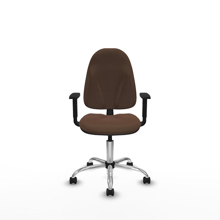 Chaise de bureau Algarra avec mécanisme de contact permanent de base, rembourrée de tissu marron foncé. Équipée d'une base chromée, d'accoudoirs 1D et de roulettes pour parquet Chaise de bureau Algarra avec mécanisme de contact permanent de base, rembourrée de tissu marron foncé. Équipée d'une base chromée, d'accoudoirs 1D et de roulettes pour parquet