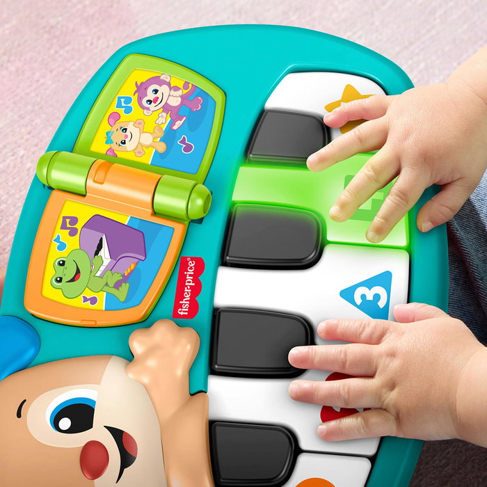 Fisher-Price Piano Perrito Ríe y Aprende JMM47 - Piano d'éveil électronique avec lumières, sons et phrases éducatives (Anglais, Français, Allemand, Espagnol)