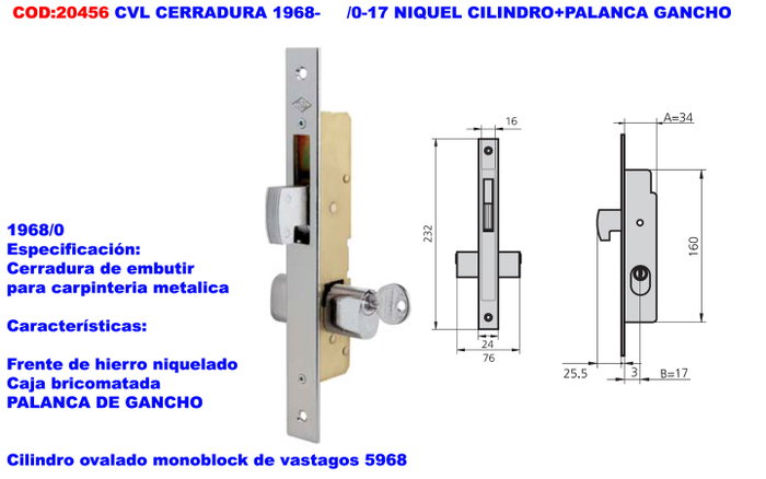 CVL Serrure 1968- /0-17 Nickel avec Cylindre et Levier à Crochet CVL Serrure 1968- /0-17 Nickel avec Cylindre et Levier à Crochet