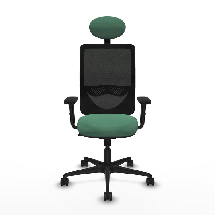 Chaise Zulema Synchro 3 positions tissu Vert émeraude Maille Noir Base en nylon noir Accoudoir 2D Appui-tête Roulettes 65mm nylon