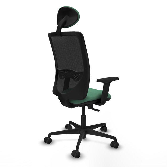 Chaise Zulema Synchro 3 positions tissu Vert émeraude Maille Noir Base en nylon noir Accoudoir 2D Appui-tête Roulettes 65mm nylon