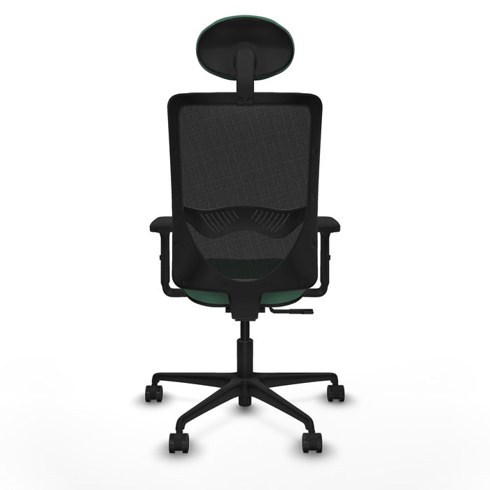 Chaise Zulema Synchro 3 positions tissu Vert émeraude Maille Noir Base en nylon noir Accoudoir 2D Appui-tête Roulettes 65mm nylon