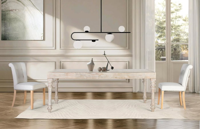 GINER Y COLOMER - Table de salle à manger rectangulaire en bois de manguier sculpté à la main, verre, 220 cm, blanc décapé GINER Y COLOMER - Table de salle à manger rectangulaire en bois de manguier sculpté à la main, verre, 220 cm, blanc décapé