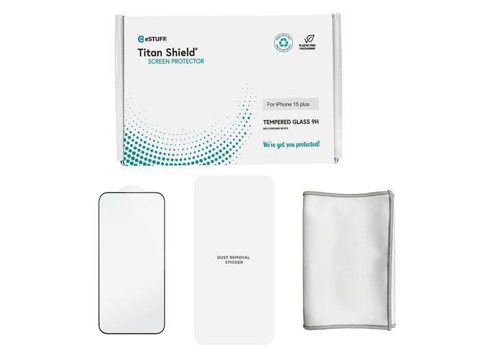 eSTUFF INFINITE Protecteur d'écran en verre trempé intégral Titan Shield, pack bulk de 50, pour iPhone 15 Plus - Gamme environnementale avec verre recyclé