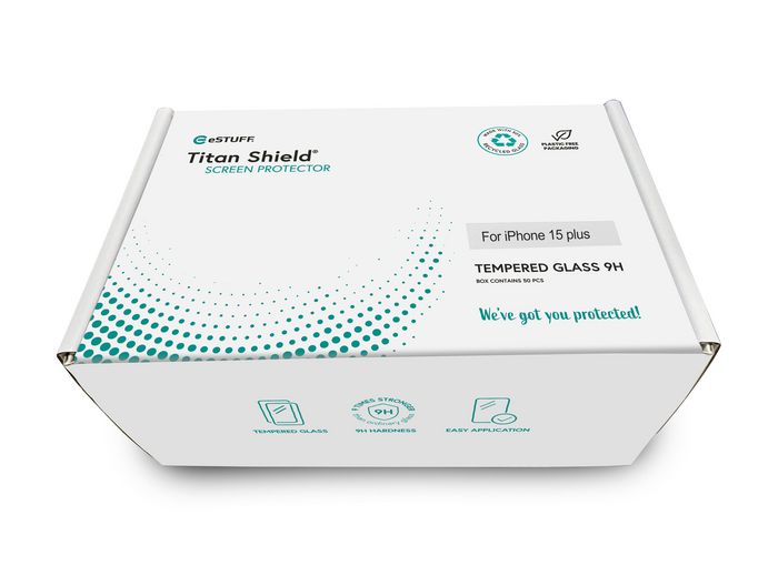 eSTUFF INFINITE Protecteur d'écran en verre trempé intégral Titan Shield, pack bulk de 50, pour iPhone 15 Plus - Gamme environnementale avec verre recyclé