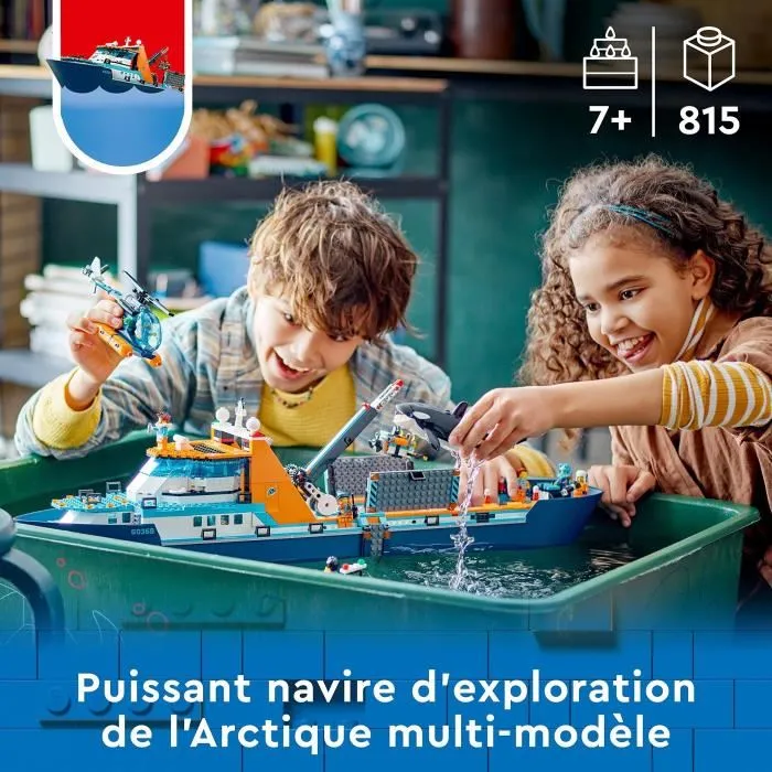 Lego City 60368 Navire d'Exploration Arctique, Jouet de Bateau Flottant avec Hélicoptère, Canot et Drone Sous-Marin pour Enfants