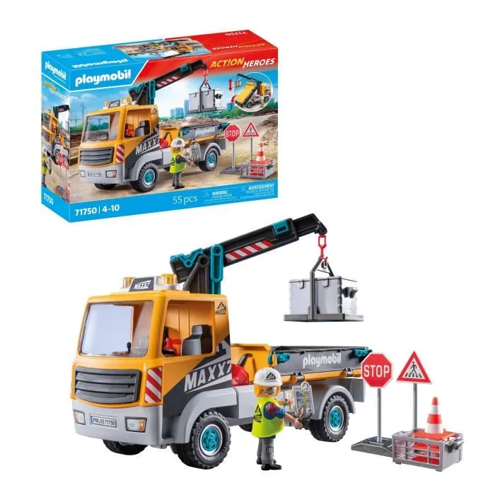 PLAYMOBIL 71750 - Camion de chantier avec grue, ouvrier et accessoires, jeu de construction 55 pièces, pour enfants dès 4 ans