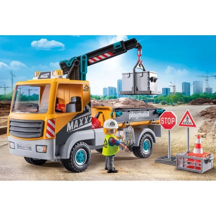 PLAYMOBIL 71750 - Camion de chantier avec grue, ouvrier et accessoires, jeu de construction 55 pièces, pour enfants dès 4 ans