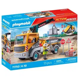 PLAYMOBIL 71750 - Camion de chantier avec grue, ouvrier et accessoires, jeu de construction 55 pièces, pour enfants dès 4 ans
