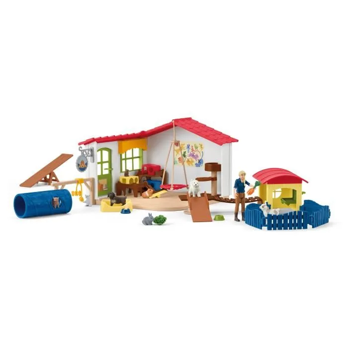 Schleich 42607 Farm World - Hôtel des Animaux de la Ferme, Coffret de 54 Pièces avec Figurines de Chien, Chat, Lapin et Accessoires, Jouet d'imagination 3 ans et plus
