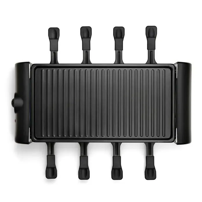 Livoo DOC312 Appareil à raclette 8 personnes - 1300W - Plateau grill amovible antiadhésif 42 x 23 cm - Thermostat ajustable - Avec 8 spatules et 8 caquelons