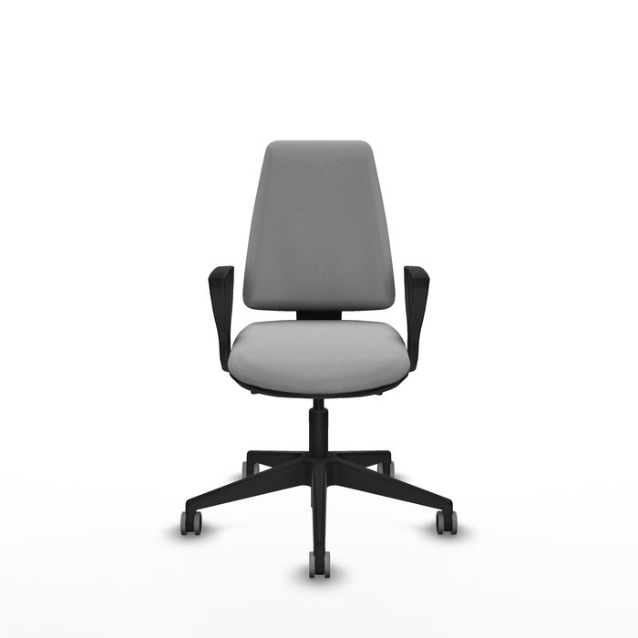 Chaise Elche Asynchrone Tissu Gris clair Base pyramidale noire Accoudoirs fixes Sans appui-tête Roulettes 65mm pour moquette Chaise Elche Asynchrone Tissu Gris clair Base pyramidale noire Accoudoirs fixes Sans appui-tête Roulettes 65mm pour moquette