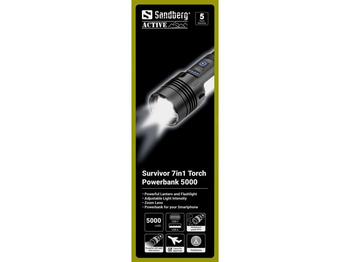 Sandberg Survivor Powerbank 5000 – Lampe torche multifonction 7-en-1 avec batterie externe USB, lanterne LED, marteau de secours et étanche IPX4 pour camping Sandberg Survivor Powerbank 5000 – Lampe torche multifonction 7-en-1 avec batterie externe USB, lanterne LED, marteau de secours et étanche IPX4 pour camping